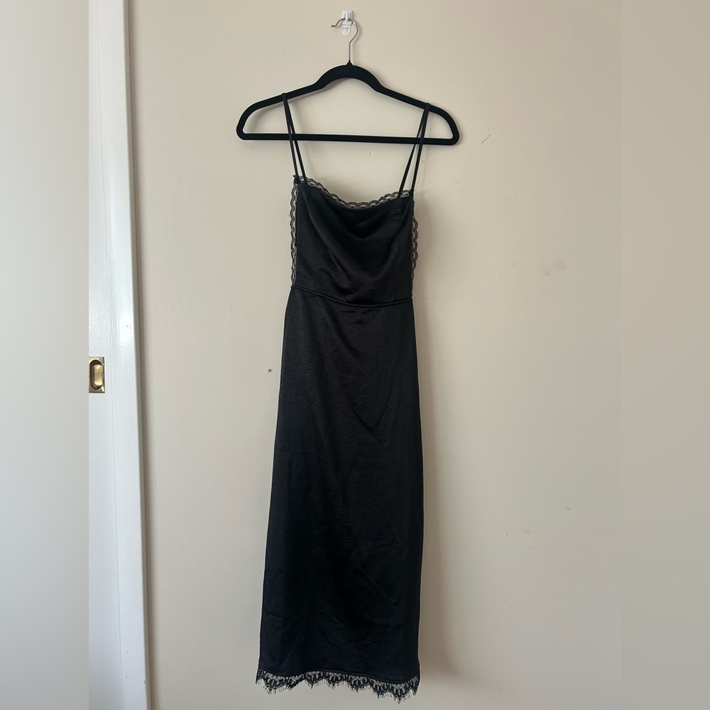 Free People Black Lace Trim Tie Back Satin Midi Slip Dress - Picture 2 of 4
